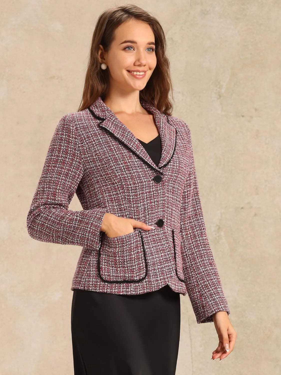 Allegra K Tweed Blazer for Women's Notch Lapel Long Sleeve 2024 Fall Elegant Business Casual Jacket