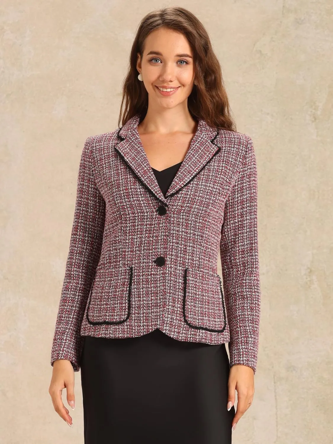 Allegra K Tweed Blazer for Women's Notch Lapel Long Sleeve 2024 Fall Elegant Business Casual Jacket