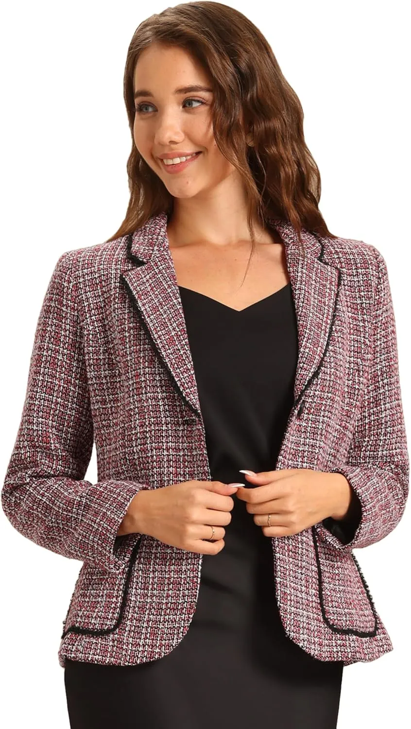 Allegra K Tweed Blazer for Women's Notch Lapel Long Sleeve 2024 Fall Elegant Business Casual Jacket
