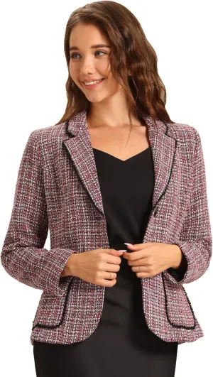 Allegra K Tweed Blazer for Women's Notch Lapel Long Sleeve 2024 Fall Elegant Business Casual Jacket