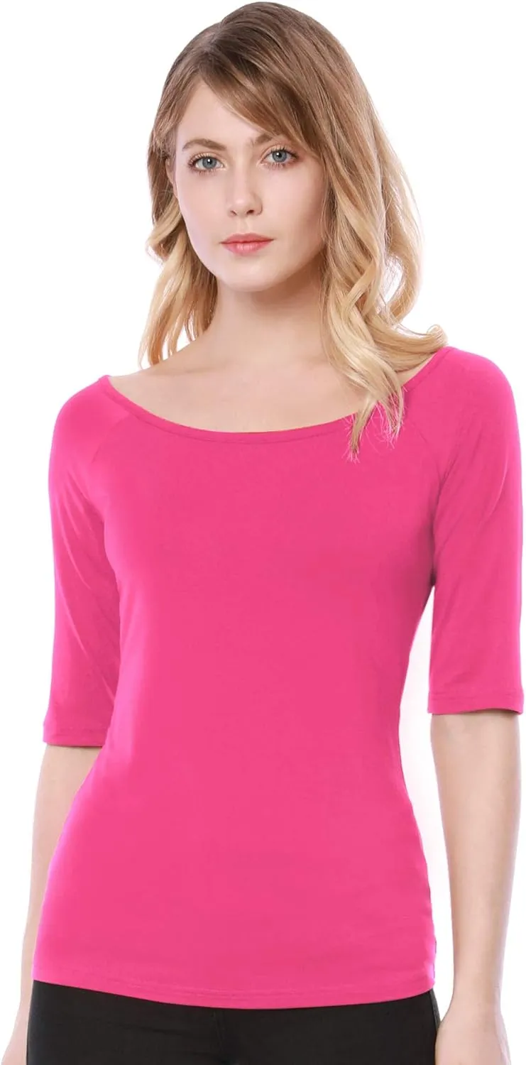 Allegra K Women's Half Sleeves Scoop Neck Fitted Layering Top Soft T-Shirt