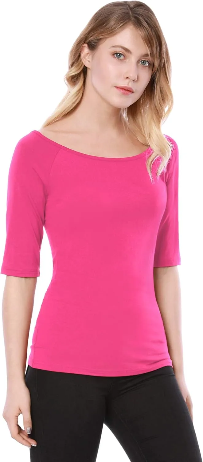 Allegra K Women's Half Sleeves Scoop Neck Fitted Layering Top Soft T-Shirt