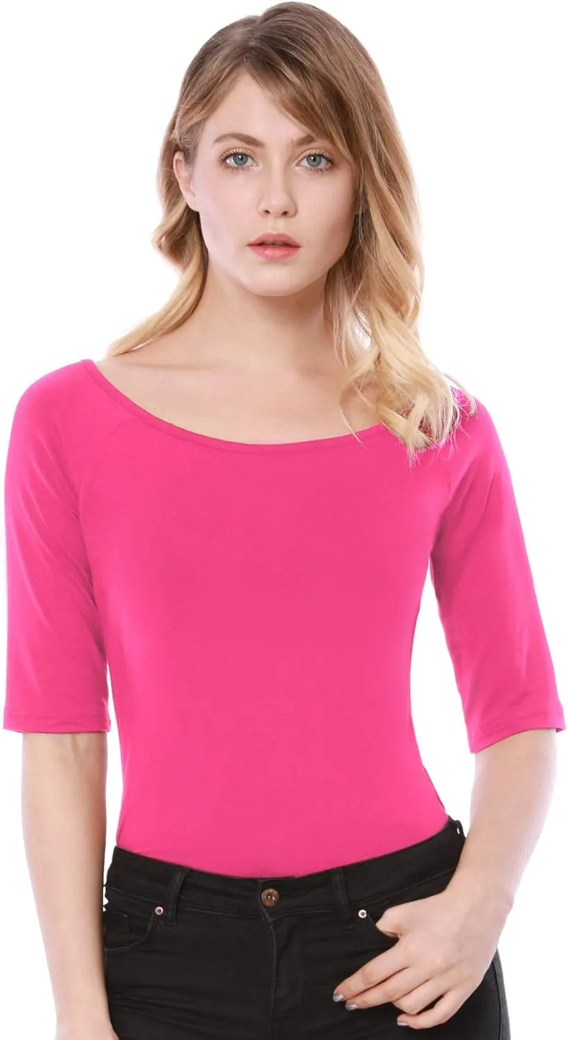 Allegra K Women's Half Sleeves Scoop Neck Fitted Layering Top Soft T-Shirt
