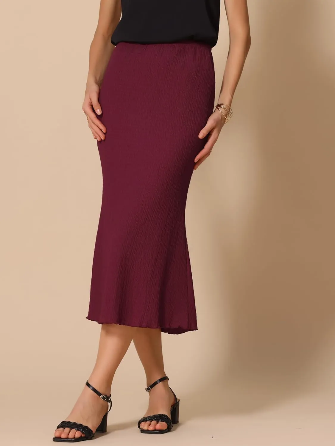 Allegra K Women's Texture Stretchy Bodycon Mermaid Skirt Lettuce Hem Elastic High Waist Maxi Skirts