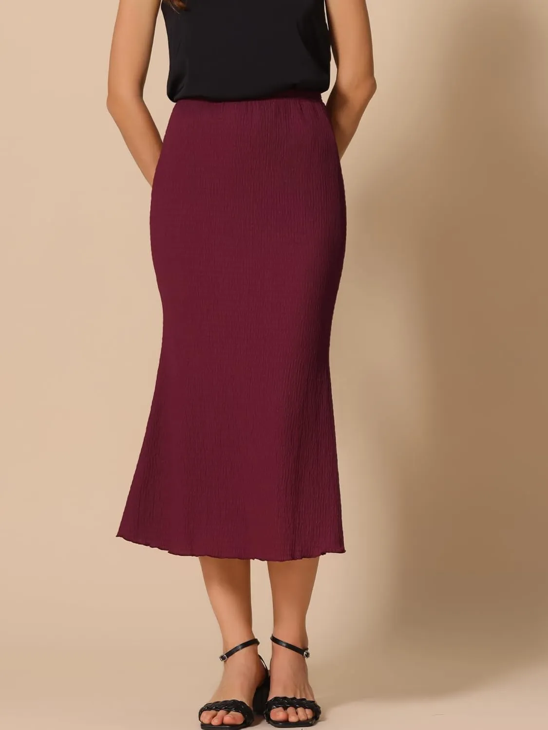 Allegra K Women's Texture Stretchy Bodycon Mermaid Skirt Lettuce Hem Elastic High Waist Maxi Skirts