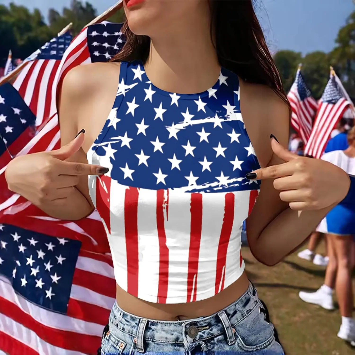 American Flag Crop Tank Tops Women: Patriotic Shirts USA Flag T-Shirt 4th of July Sleeveless Tee Tops
