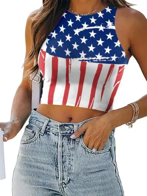 American Flag Crop Tank Tops Women: Patriotic Shirts USA Flag T-Shirt 4th of July Sleeveless Tee Tops