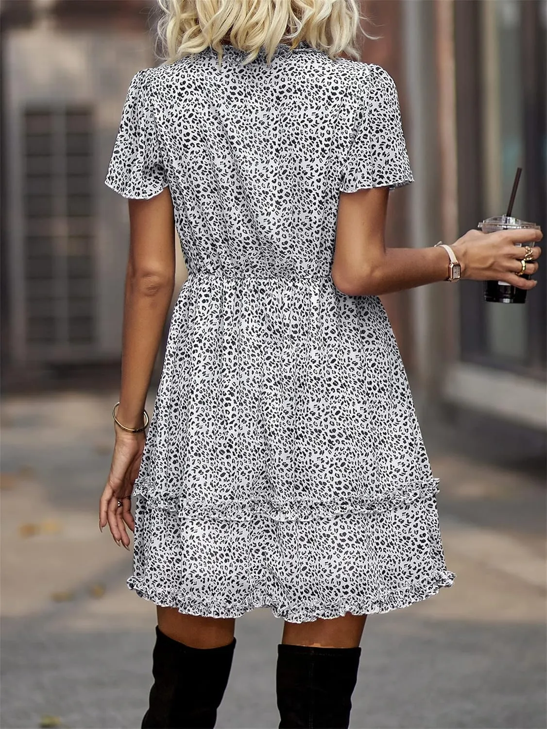 Andongnywell Women's Boho V Neck Floral Print Ruffle Sleeve Layered Mini Dress Cute Mini Waist Short Dress