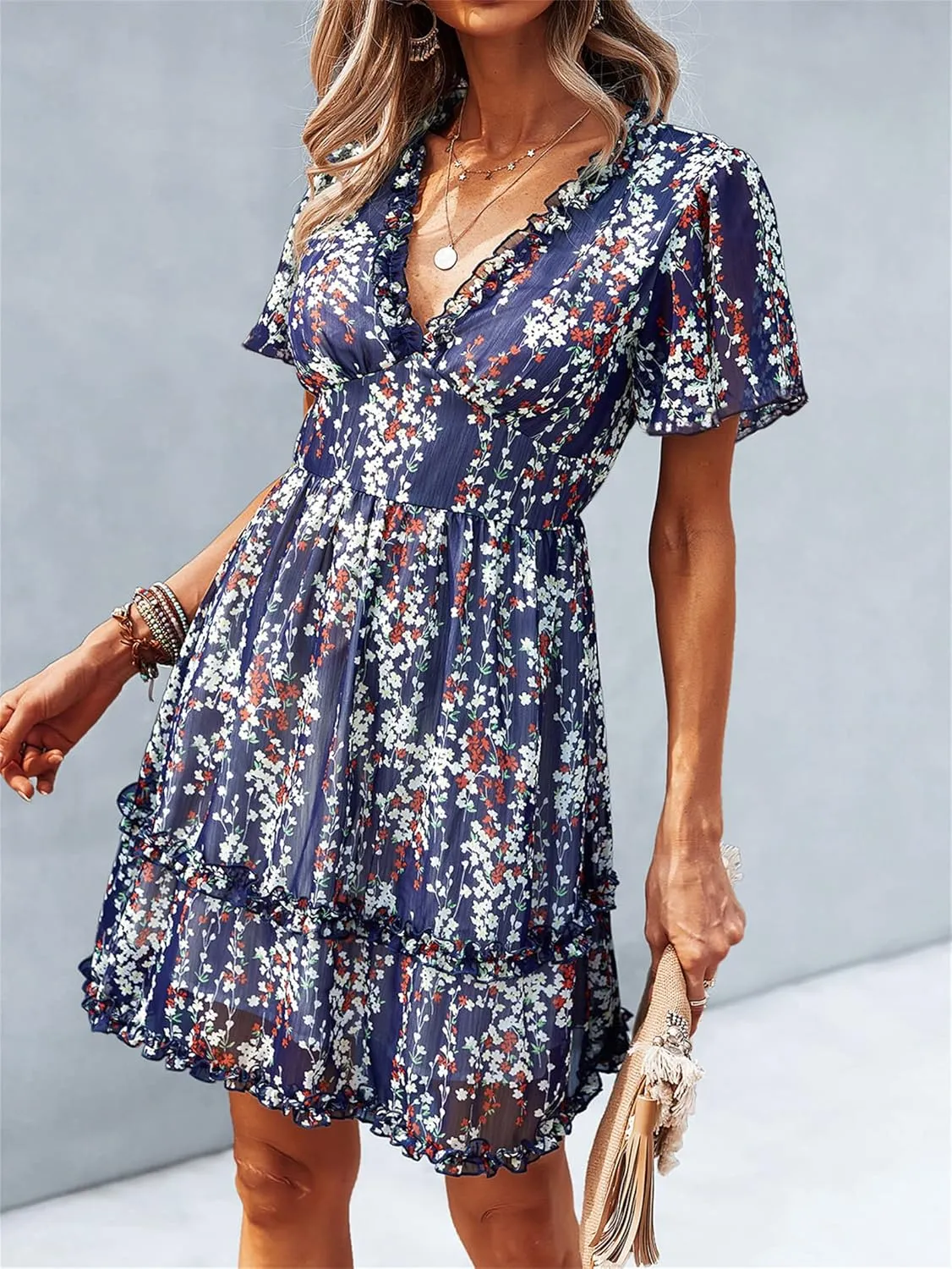 Andongnywell Women's Boho V Neck Floral Print Ruffle Sleeve Layered Mini Dress Cute Mini Waist Short Dress