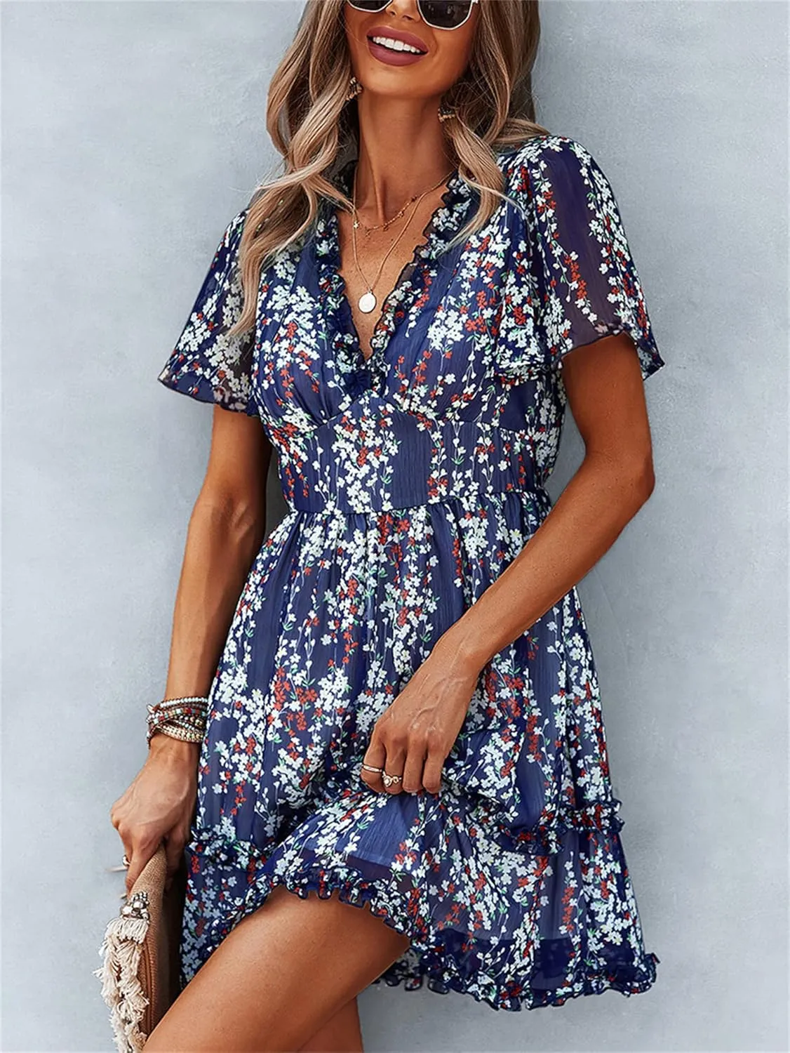 Andongnywell Women's Boho V Neck Floral Print Ruffle Sleeve Layered Mini Dress Cute Mini Waist Short Dress