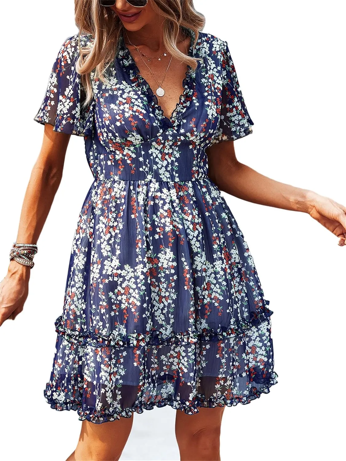 Andongnywell Women's Boho V Neck Floral Print Ruffle Sleeve Layered Mini Dress Cute Mini Waist Short Dress