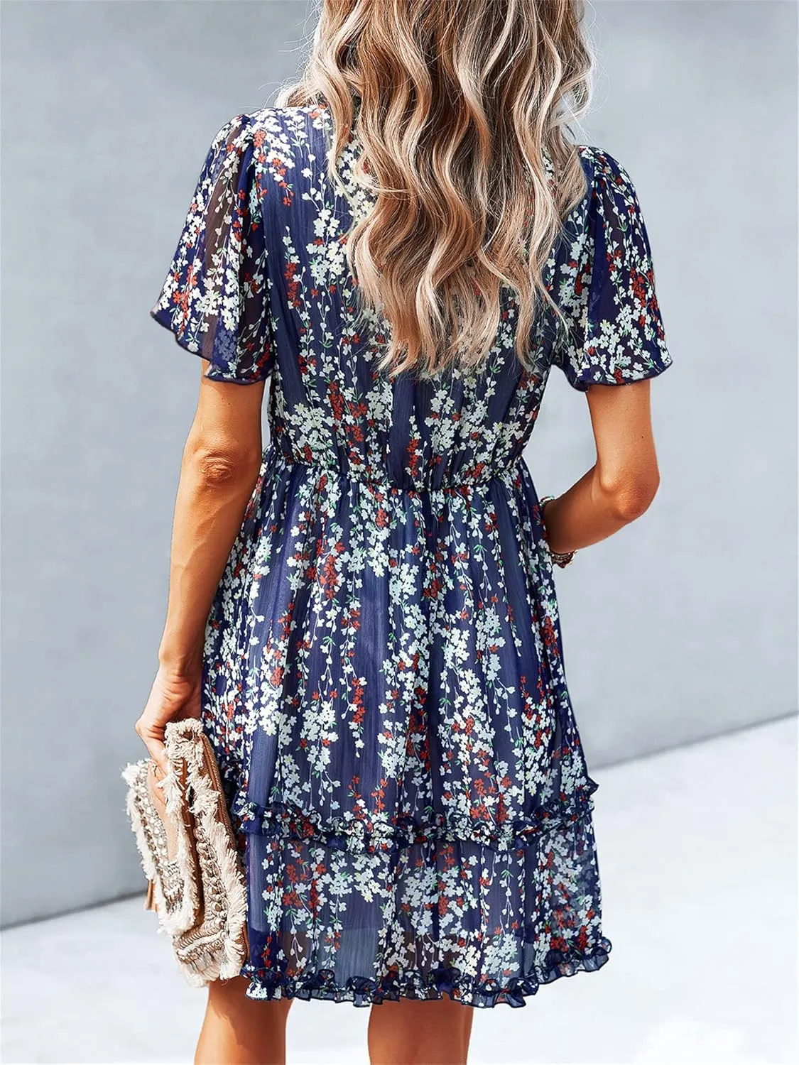 Andongnywell Women's Boho V Neck Floral Print Ruffle Sleeve Layered Mini Dress Cute Mini Waist Short Dress