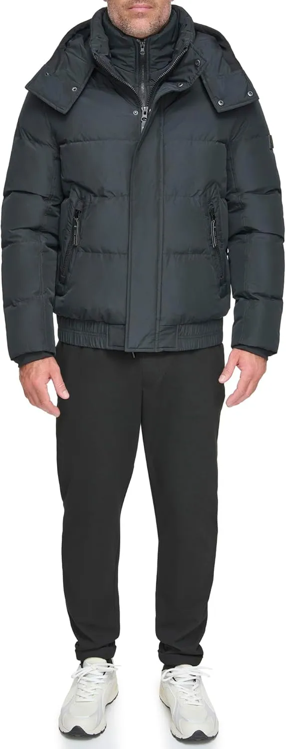 Andrew Marc Men's Short Quilted Inner Bib Attached Down Fill Phoenix Down Bomber Hybrid