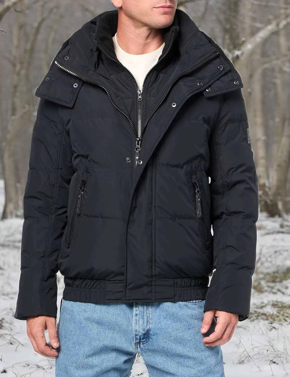 Andrew Marc Men's Short Quilted Inner Bib Attached Down Fill Phoenix Down Bomber Hybrid