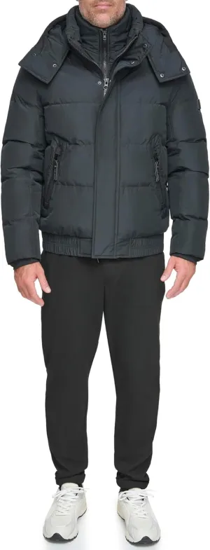 Andrew Marc Men's Short Quilted Inner Bib Attached Down Fill Phoenix Down Bomber Hybrid
