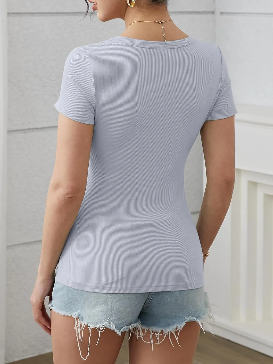 ATHMILE Womens Tops Ribbed Scoop Neck Knit Slim Fitted Casual Basic Tee Shirts for Women Fashion Trendy 2025