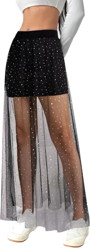 Avanova Womens Sheer Mesh High Waist Maxi Skirts A Line Flowy Layered Long Skirt