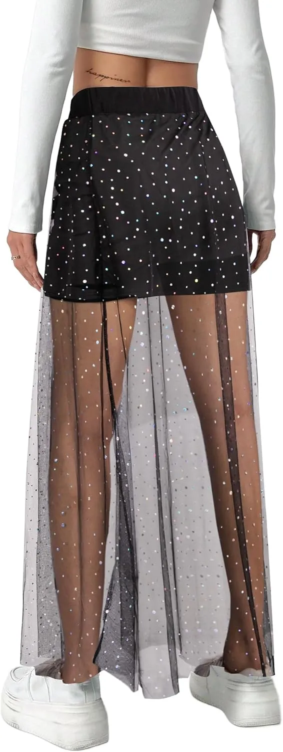 Avanova Womens Sheer Mesh High Waist Maxi Skirts A Line Flowy Layered Long Skirt