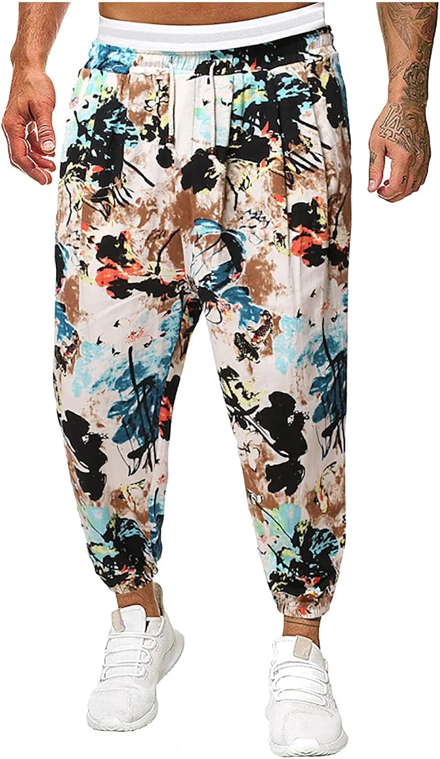 Baggy Sweatpants for Men 2023 Fashion Mexican Print Drawstring Elastic Waist Beam Feet Baggy Pants Beach Trousers