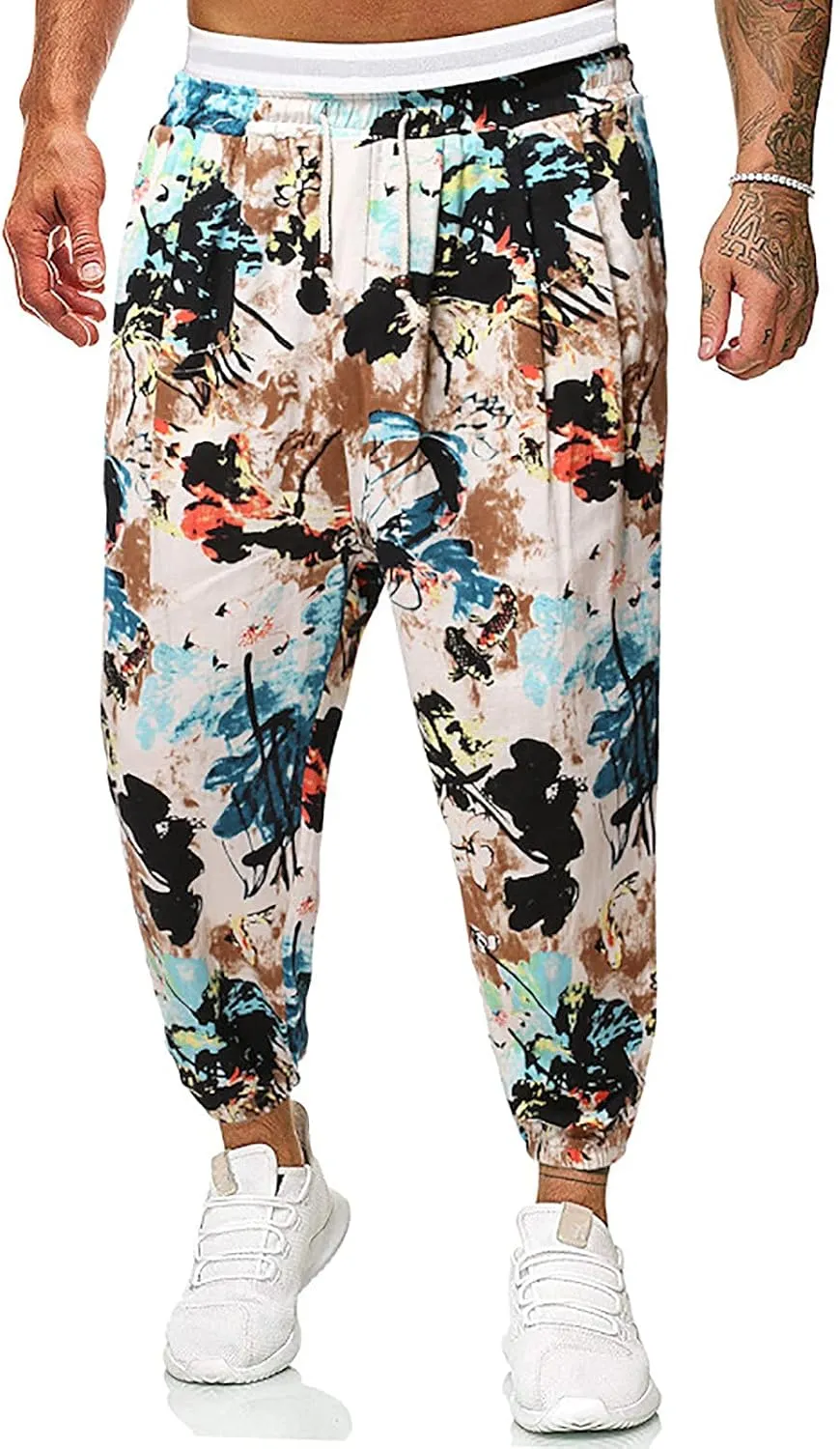Baggy Sweatpants for Men 2023 Fashion Mexican Print Drawstring Elastic Waist Beam Feet Baggy Pants Beach Trousers