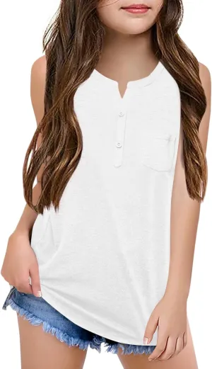 Batermoon Girls Tank Top Summer Cute Sleeveless T Shirt for Teen Henley Ribbed Button Casual Tee Blouse