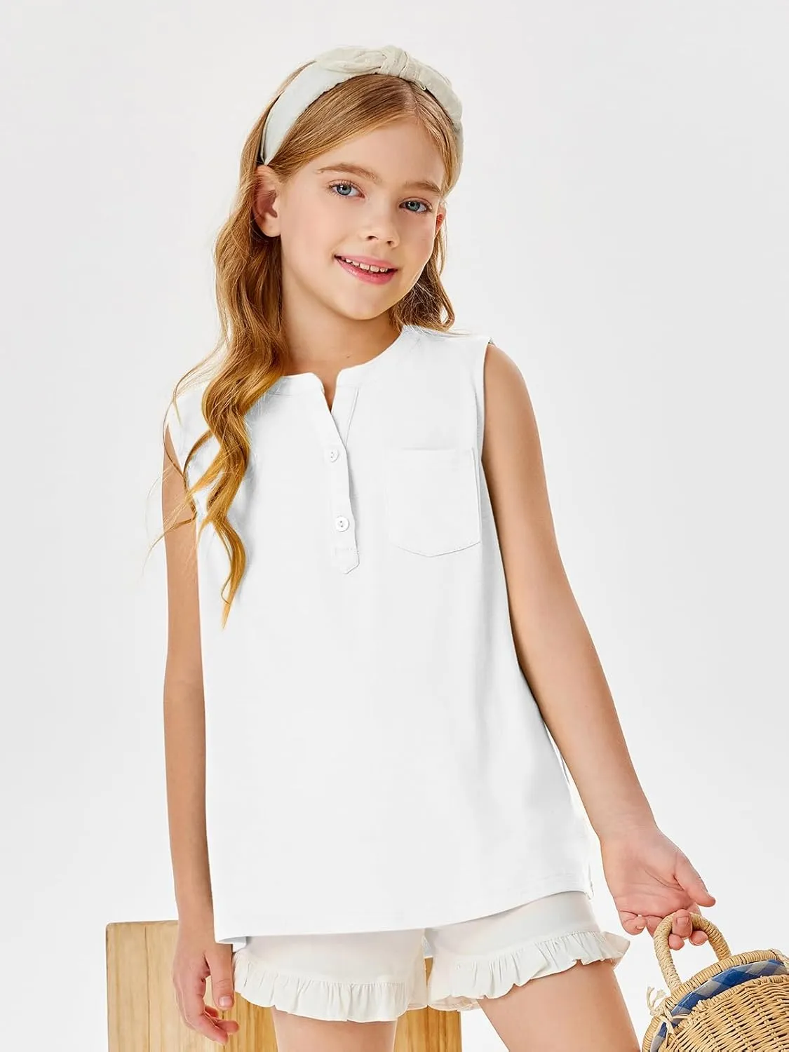 Batermoon Girls Tank Top Summer Cute Sleeveless T Shirt for Teen Henley Ribbed Button Casual Tee Blouse