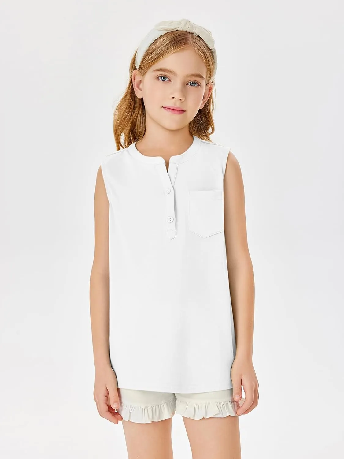 Batermoon Girls Tank Top Summer Cute Sleeveless T Shirt for Teen Henley Ribbed Button Casual Tee Blouse