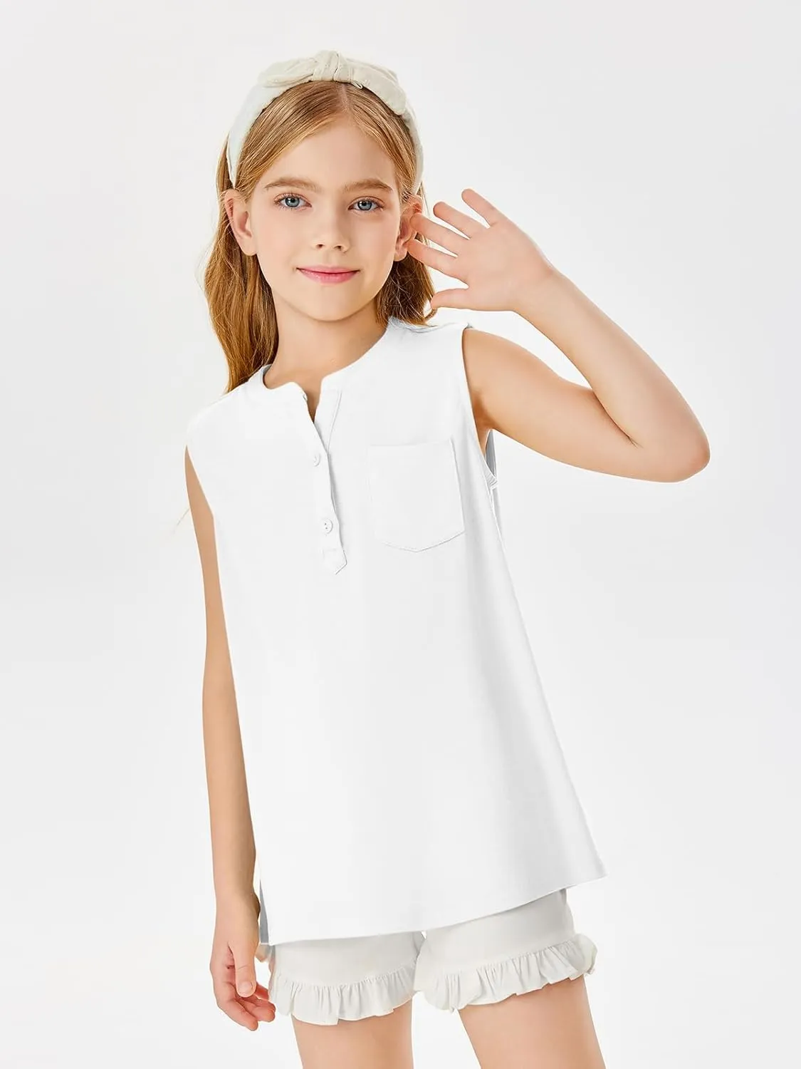 Batermoon Girls Tank Top Summer Cute Sleeveless T Shirt for Teen Henley Ribbed Button Casual Tee Blouse