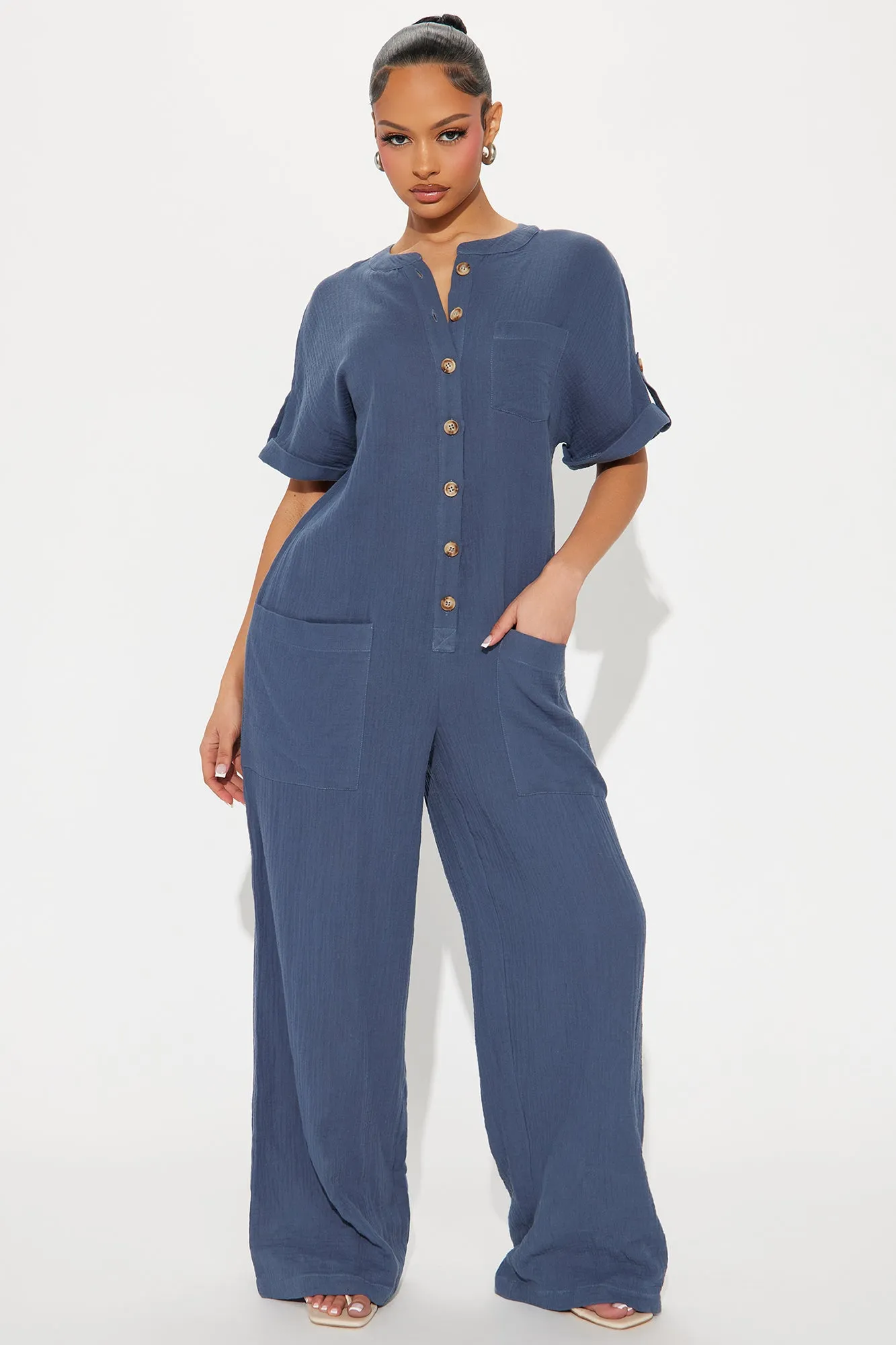 Bethany Button Up Jumpsuit - Slate Blue