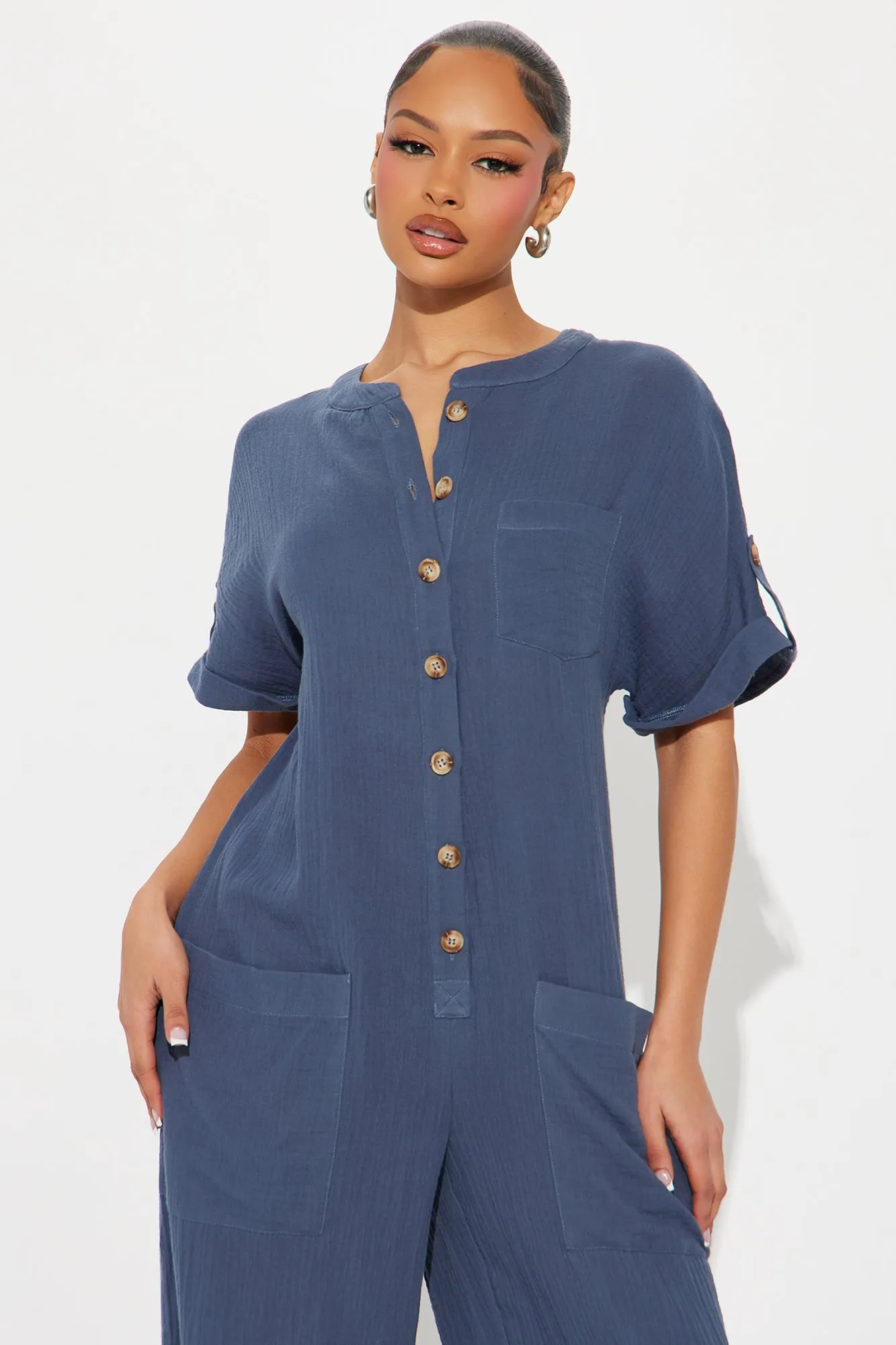 Bethany Button Up Jumpsuit - Slate Blue