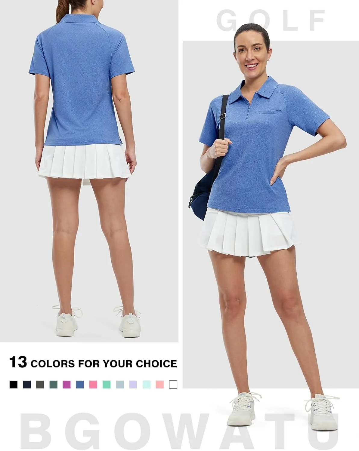 BGOWATU Women's Short Sleeve Golf Polo Shirts 1/4 Zip Tennis Tops Collared T-Shirts UV Protection Quick Dry