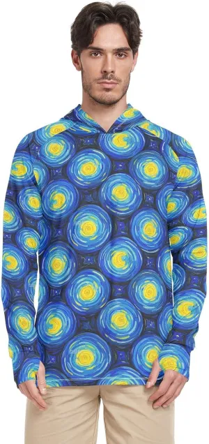 Blue-yellow Sky Mens Sun Protection Hoodie Long Sleeve Sun Shirt With Hood UPF 50  Quick Dry Rash Guard UV Shirts Cooling Hoodies camisas para pesca de hombre