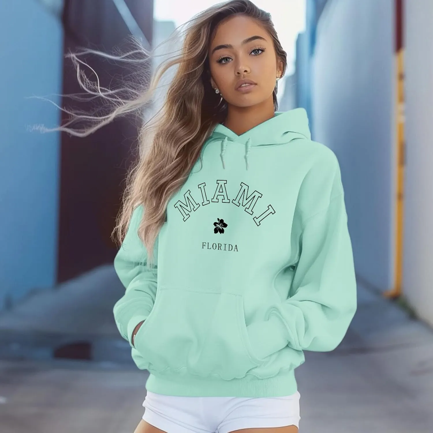 Bobeutou Oversized Letter Graphic Print Hoodies for Women Miami Florida Sweatshirt Preppy Trendy Fleece Pocket Pullover Top
