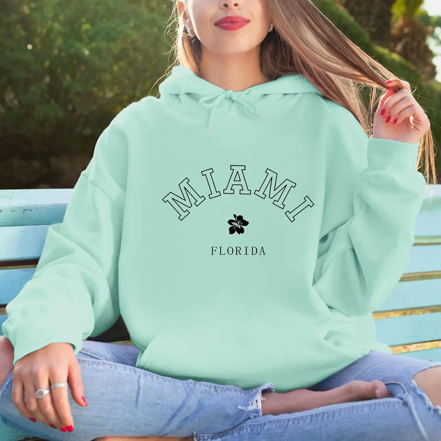 Bobeutou Oversized Letter Graphic Print Hoodies for Women Miami Florida Sweatshirt Preppy Trendy Fleece Pocket Pullover Top