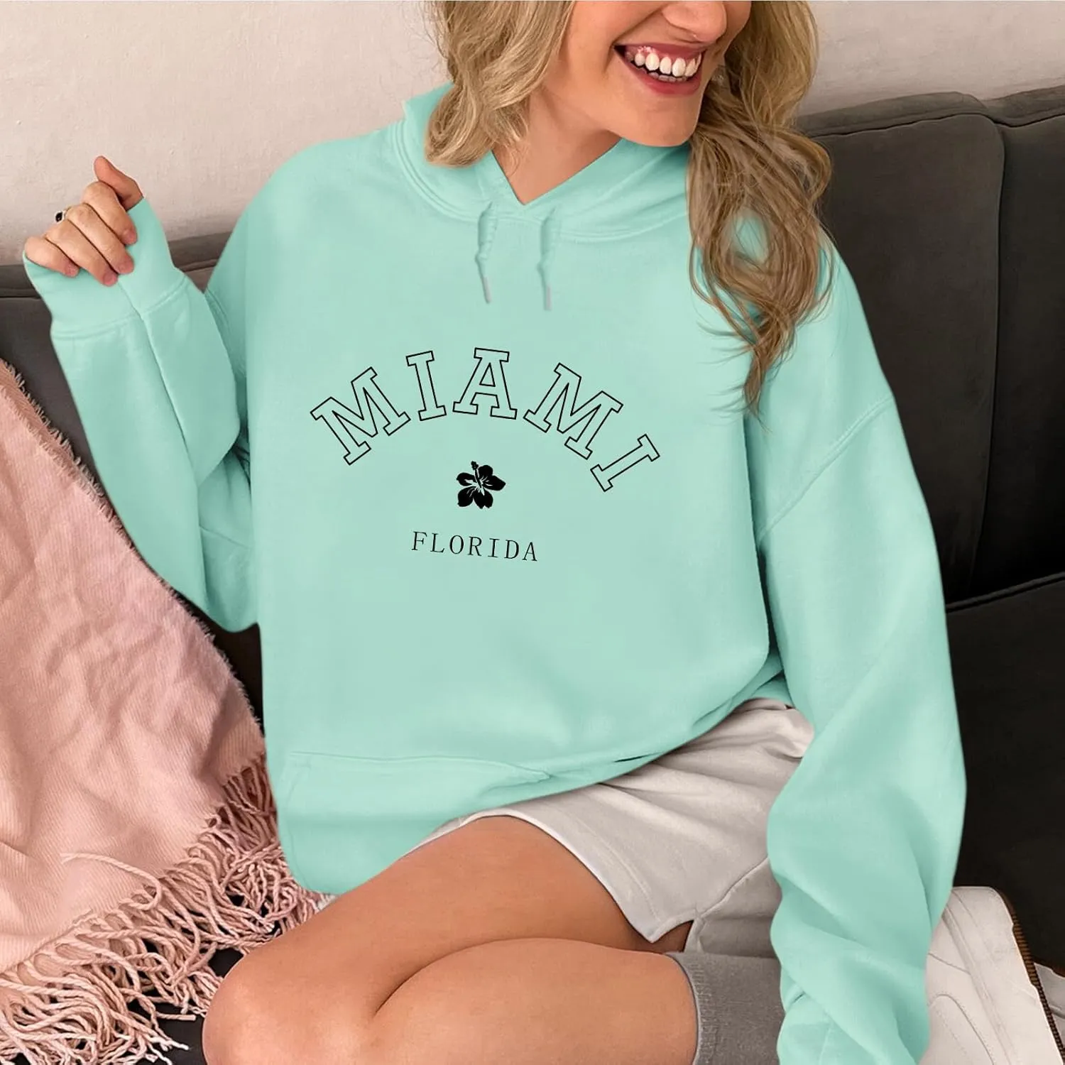 Bobeutou Oversized Letter Graphic Print Hoodies for Women Miami Florida Sweatshirt Preppy Trendy Fleece Pocket Pullover Top