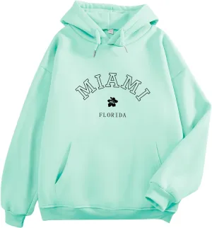 Bobeutou Oversized Letter Graphic Print Hoodies for Women Miami Florida Sweatshirt Preppy Trendy Fleece Pocket Pullover Top