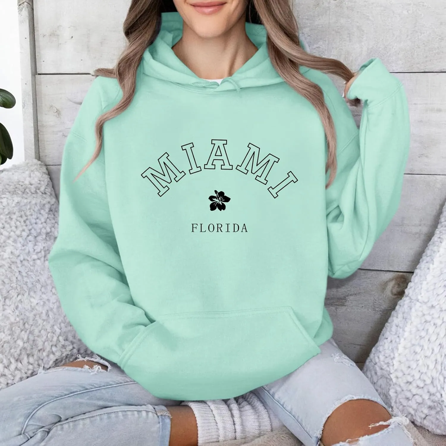 Bobeutou Oversized Letter Graphic Print Hoodies for Women Miami Florida Sweatshirt Preppy Trendy Fleece Pocket Pullover Top