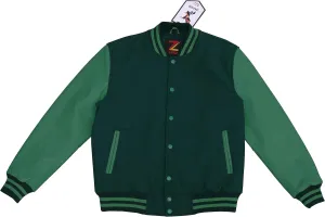 Bomber Jacket Men Motorcycle Biker Racer Baseball Letterman Varsity Jacket Wool Cowhide Leather Dark Green Sleeve