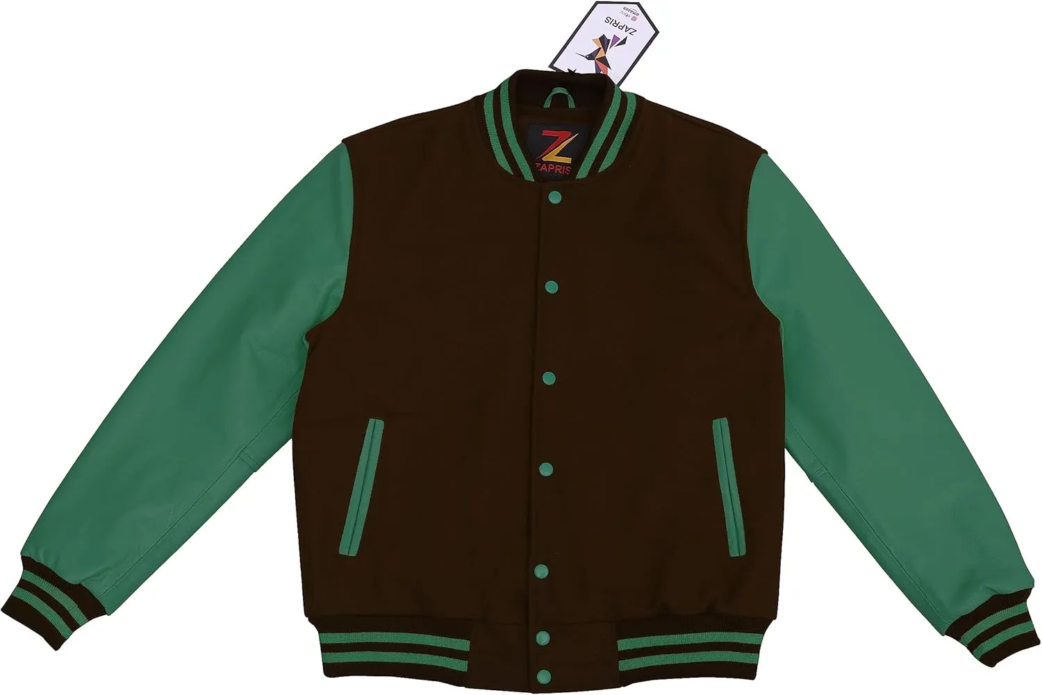 Bomber Jacket Men Motorcycle Biker Racer Baseball Letterman Varsity Jacket Wool Cowhide Leather Dark Green Sleeve