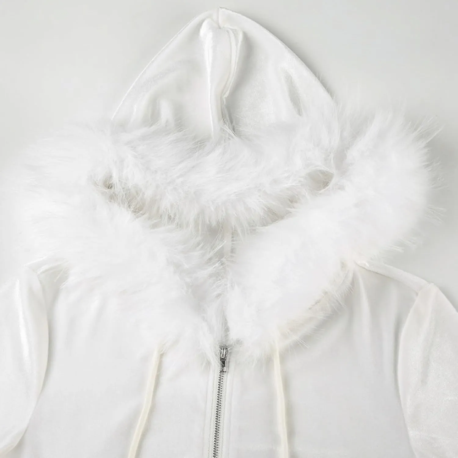 Boslog Velvet Hoodies for Women, Long Sleeve Zip Sweatshirt Crop Top Jackets with Fur Hooded Drawstrings, Retro Y2k