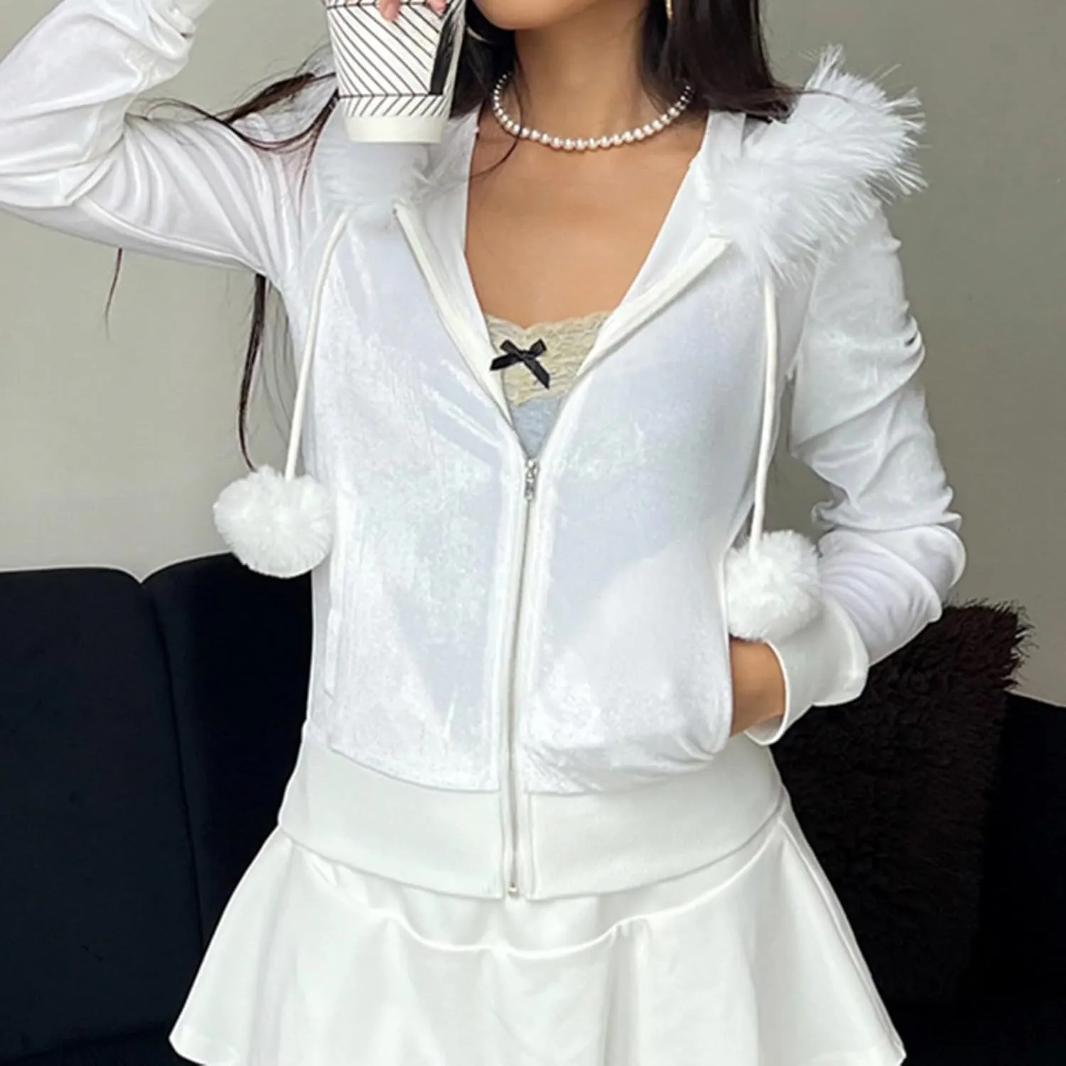 Boslog Velvet Hoodies for Women, Long Sleeve Zip Sweatshirt Crop Top Jackets with Fur Hooded Drawstrings, Retro Y2k