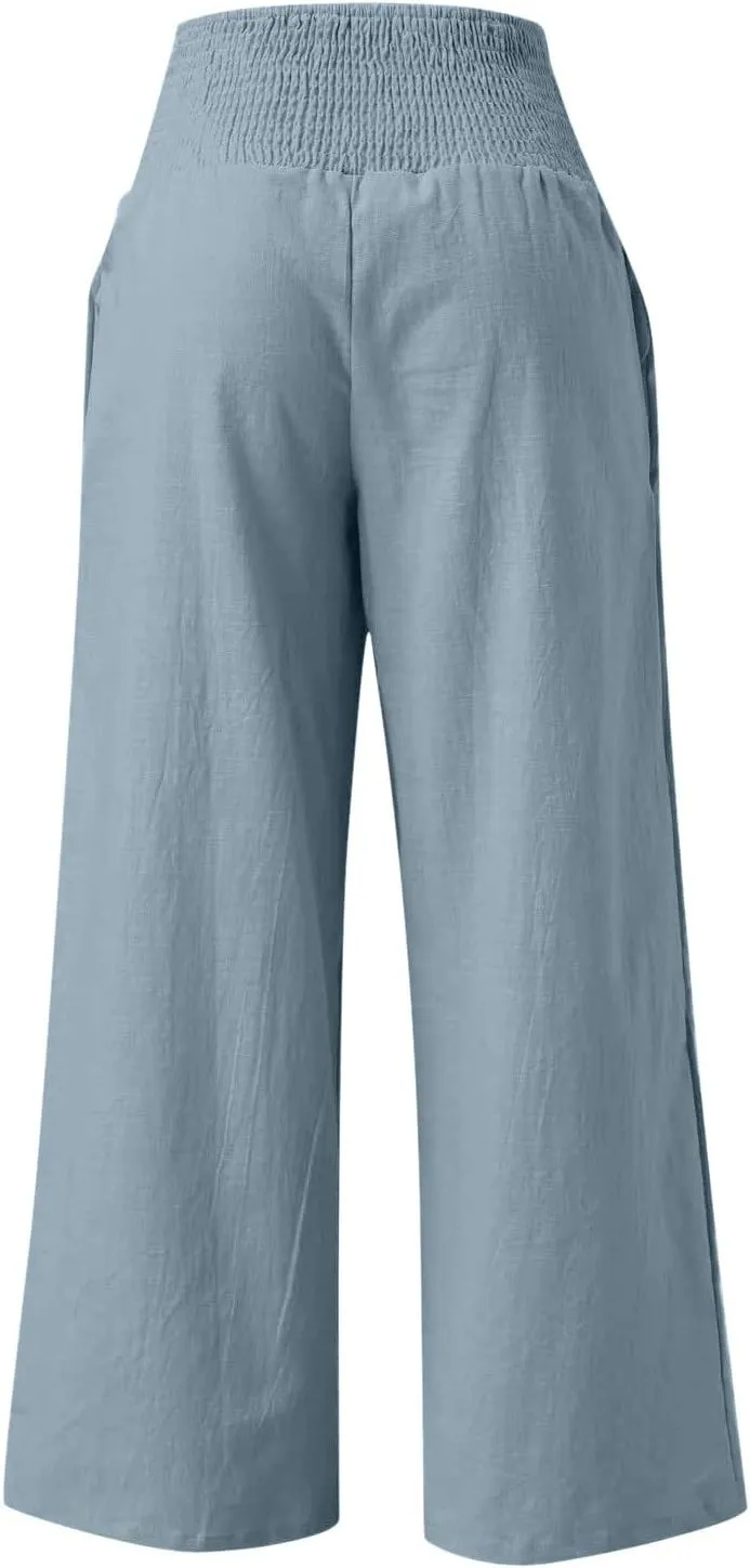 BZGTZT Wide Leg Pants for Women Summer Casual Smocked Elastic High Waisted Linen Pant Solid Loose Palazzo Pants Trousers