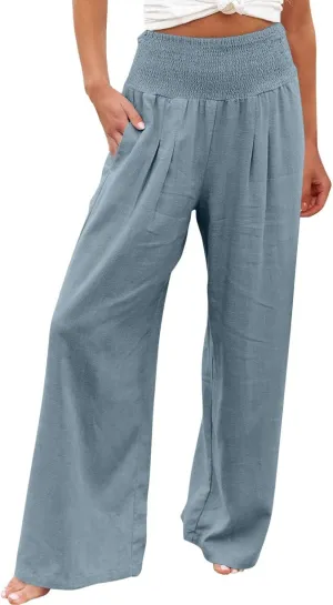 BZGTZT Wide Leg Pants for Women Summer Casual Smocked Elastic High Waisted Linen Pant Solid Loose Palazzo Pants Trousers