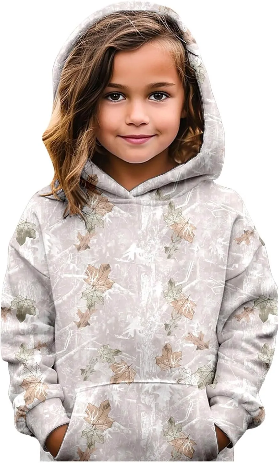 Camo Hoodies for Teen Girls Cute Sweatshirt Maple Leaf Print Oversized Fleece Sweatshirts Classic Pullover with Pocket