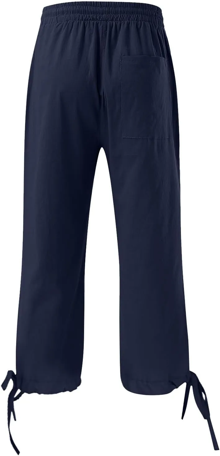 Capri Pants for Women 2025 Summer Lounge Pants Cropped Cotton Linen Comfy Drawstring Baggy Trousers with Pocket