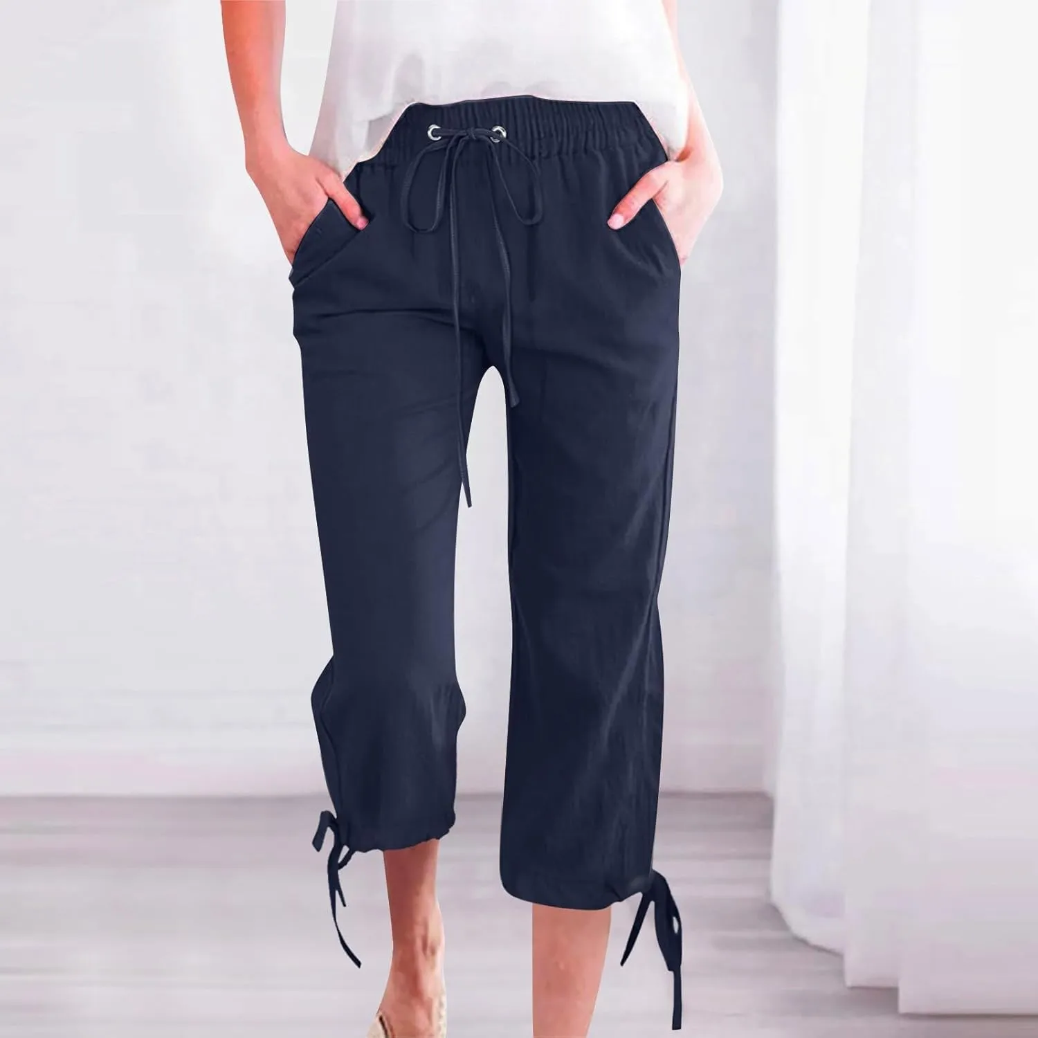 Capri Pants for Women 2025 Summer Lounge Pants Cropped Cotton Linen Comfy Drawstring Baggy Trousers with Pocket