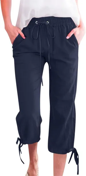 Capri Pants for Women 2025 Summer Lounge Pants Cropped Cotton Linen Comfy Drawstring Baggy Trousers with Pocket