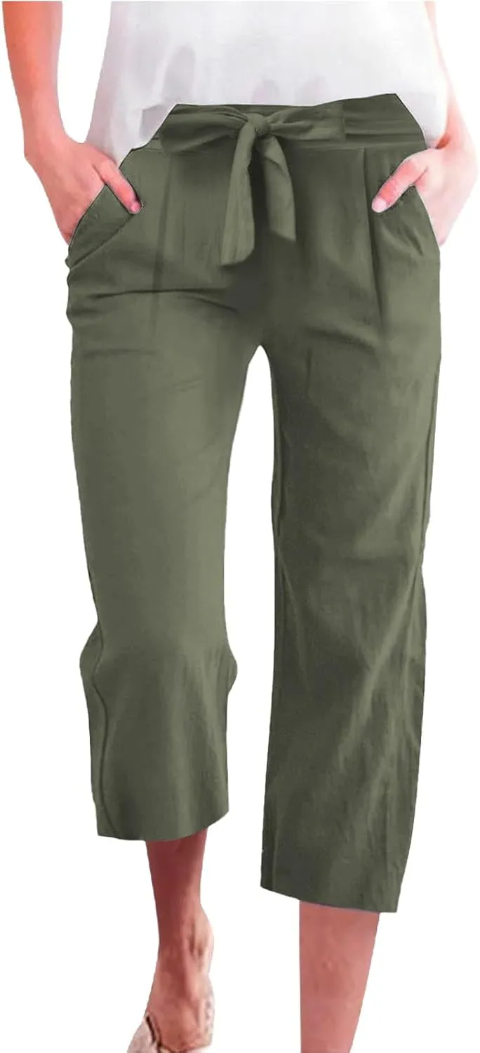Capri Pants for Women Casual Straight Wide Leg Cropped Trousers Drawstring Elastic High Waist Linen Summer Pant