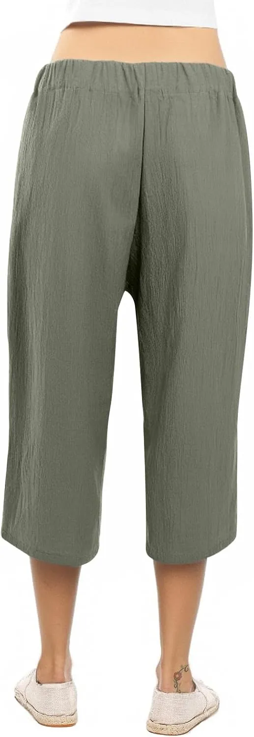 Capri Pants for Women Casual Straight Wide Leg Cropped Trousers Drawstring Elastic High Waist Linen Summer Pant