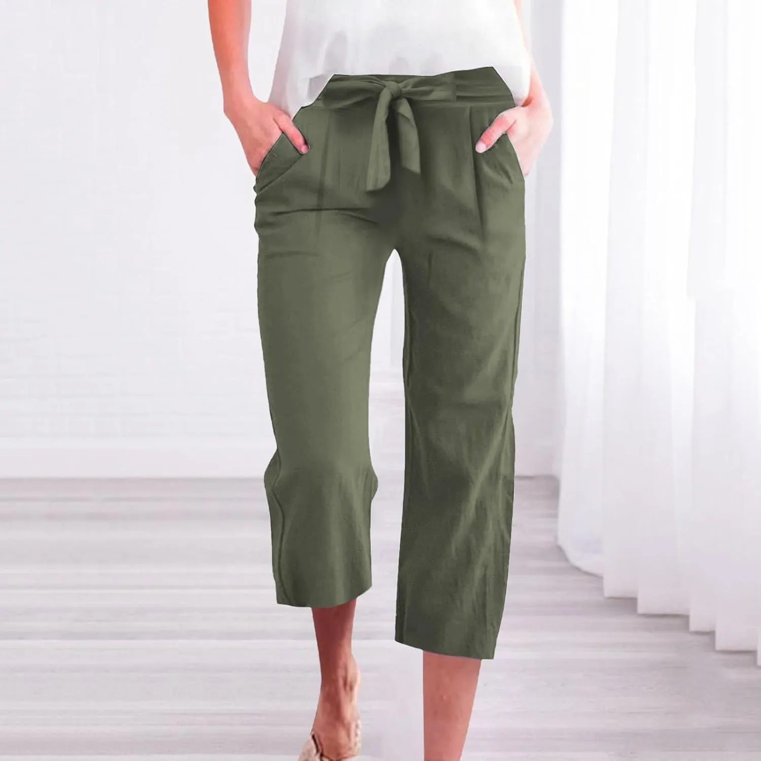 Capri Pants for Women Casual Straight Wide Leg Cropped Trousers Drawstring Elastic High Waist Linen Summer Pant